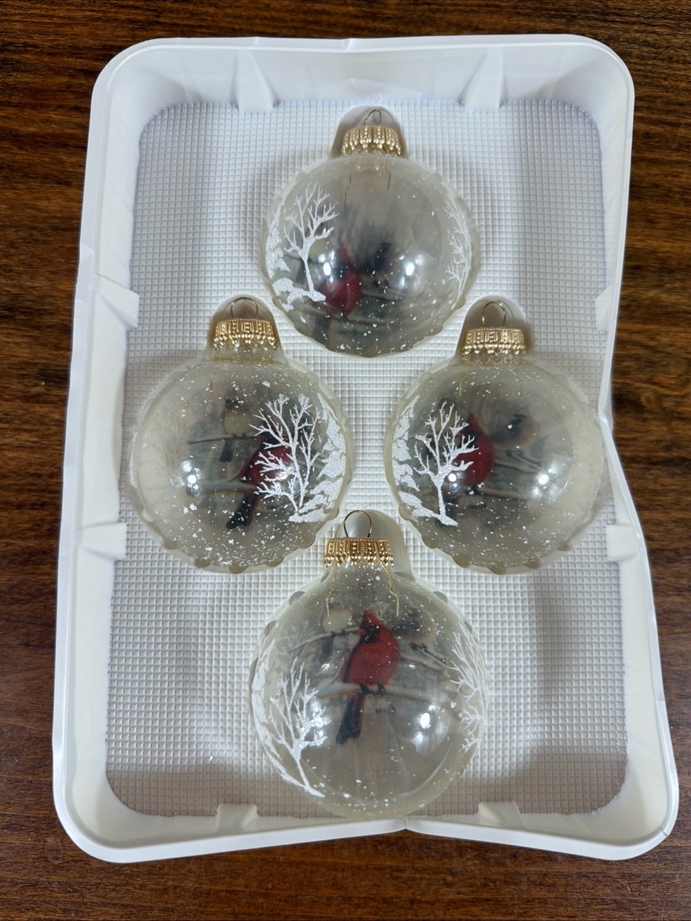 Clear Glass Holiday Ornaments with Red Cardinal and White Tree – Set of 4
